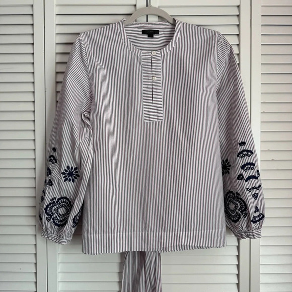 J. CREW Embroidered Sleeves Tie Front Tunic Shirt Blouse Multi Color Size Medium - Picture 6 of 11